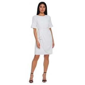 Dkny Side-Knot Sheath Dress Ivory Mini Short Faux Wrap Short Sleeve Size 16